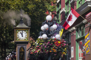 The Gastown Steam Clock in the city of Vancouver, Canada. The clock was built in 1977 and is now a major tourist attraction.